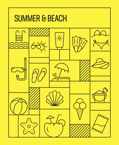 夏季和海滩概念。几何复古风格横幅和海报概念与夏季和海滩线图标图片下载