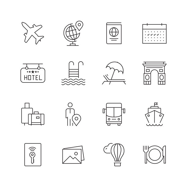 旅游和旅游-一组细线矢量图标图片下载