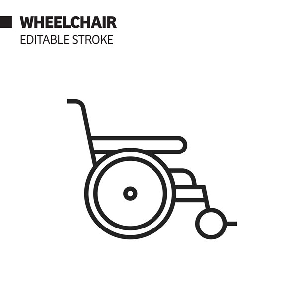 轮椅线图标，轮廓矢量符号插图。完美像素，可编辑的描边。图片下载