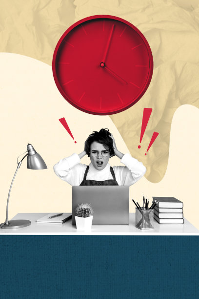 海报草图图像艺术作品 3D 照片拼贴，展示一位年轻女性在工作场所的职业，面临工作过载，电脑、时钟和截止日期。图片下载