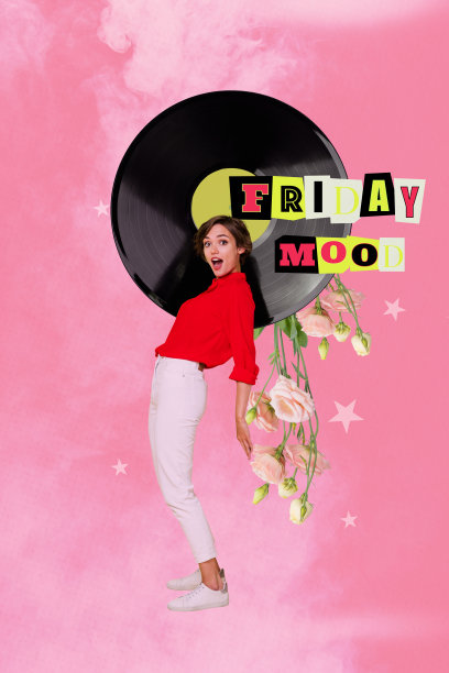 垂直时尚的照片拼贴，快乐女孩在庆祝活动中跳舞，黑胶唱片，花朵绽放，洋桔梗，生日派对问候图片下载