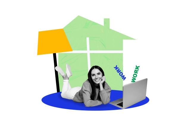 3D照片拼贴模板趋势艺术作品，年轻女性躺在室内，使用笔记本电脑远程工作，自由职业程序员。图片下载