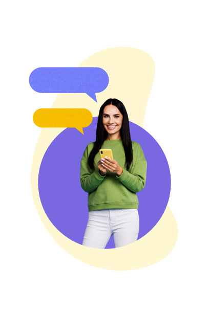 年轻女性微笑着手持智能手机应用的3D照片拼贴模板趋势艺术作品草图，带有思维云、笔记、评论气泡文本。图片下载