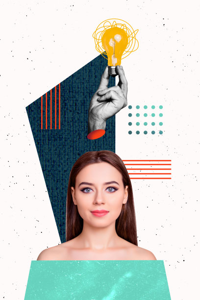 创意3D照片拼贴艺术模板，年轻女士微笑手握创意灯泡，灵感闪现，解决方案，天才头脑风暴图片下载