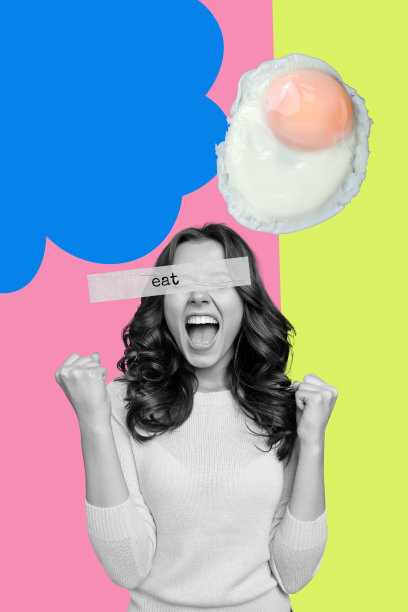 横幅图像流行艺术照片拼贴，快乐的女孩和男孩站在一起，煎蛋黄，健康早餐营养小吃，美味可口图片下载