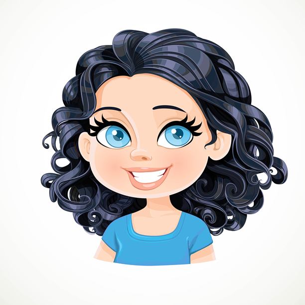 美丽的棕发女孩，肩部短黑色波浪卷发，肖像图，背景为白色。图片下载