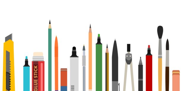 铅笔和文具。水平无缝构图。孤立在白色背景上。有趣的卡通风格。矢量图片图片下载