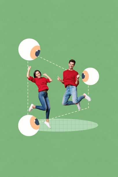 在白色背景上，三只眼睛的图片下，人物跳跃获胜的流行拼贴画。图片下载