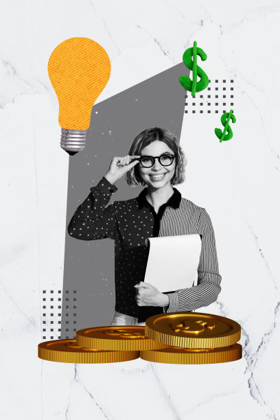 年轻女商人微笑着手持眼镜，构思灯泡，展示富裕、储蓄、经济、货币和硬币的3D照片拼贴设计。图片下载