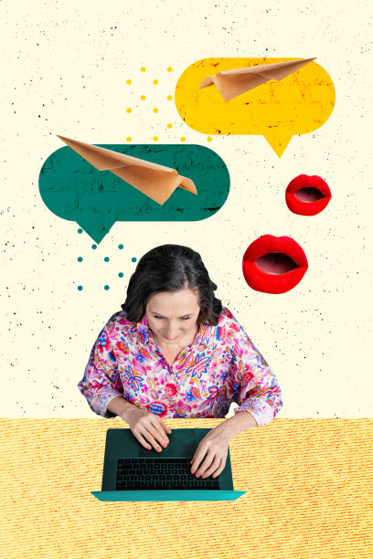 趋势复合素描模板 3D 照片拼贴，包含文本框消息、漫画笔记、年长女性、笔记本电脑、纸飞机、口头交流的消息图片下载