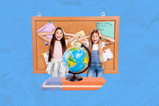 班级横幅杂志3D海报图像，照片拼贴展示两位快乐的同学女孩站在公告板前，贴有地球仪和地理学科的贴纸。图片下载