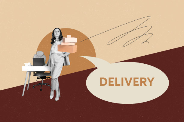 快乐女孩和男孩站在快递服务的箱子旁，展示独特的杂志图片拼贴。图片下载