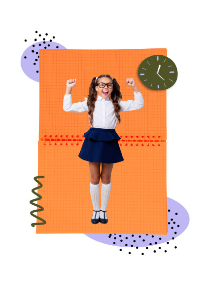 年轻女孩穿着校服，站在笔记本旁，时钟显示截止时间，学习课程，书呆子学生的照片拼贴设计草图模板图片下载