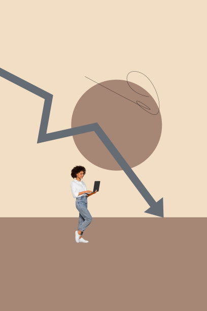 设计杂志 3D 海报图像照片拼贴，展示一位缺乏经验的女商人和男商人站在箭头前，象征经济衰退危机。图片下载