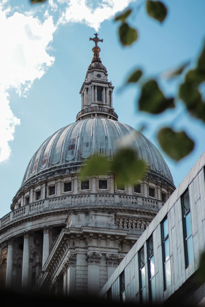 大教堂圆顶的照片，背景是多云的蓝天，前景有树叶。图片下载