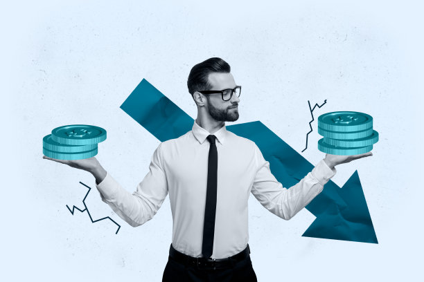 拼贴3D图像，展示年轻男性经济学家在危机中对比金币的复古插画，奇特而不寻常的幻想广告牌图片下载