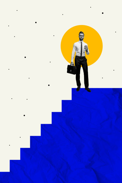 快乐的商人站在梯子的顶端，手握咖啡杯和公文包，象征成功与成长的垂直照片拼贴，背景为涂鸦风格。图片下载
