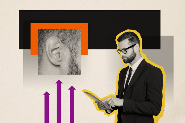 严肃的商人手持iPad设备，耳朵上戴着耳机，展示自由职业者的形象，背景为涂鸦风格的上升箭头元素的拼贴照片。图片下载