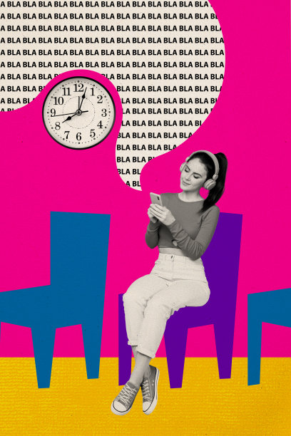 快乐女孩佩戴耳机听音乐，手持iPhone设备，旁边有时钟，背景为涂鸦风格的垂直照片拼贴。图片下载