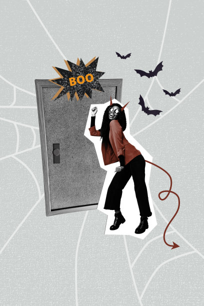 快乐的美国女孩穿着恶魔角和尾巴，门口“吓人”万圣节庆祝，背景涂鸦的竖版照片拼贴。图片下载