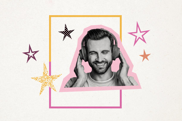 快乐的男人佩戴无线耳机，享受音乐娱乐，背景为涂鸦风格的合成照片拼贴。图片下载