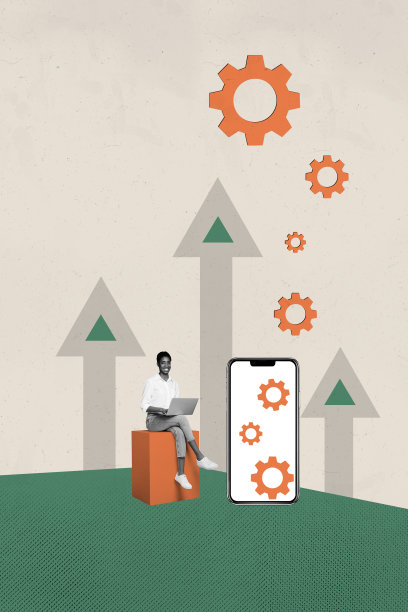 快乐的美国女孩在垂直照片拼贴中，使用笔记本电脑和手机屏幕设置，齿轮和箭头向上进度，背景为涂鸦风格。图片下载