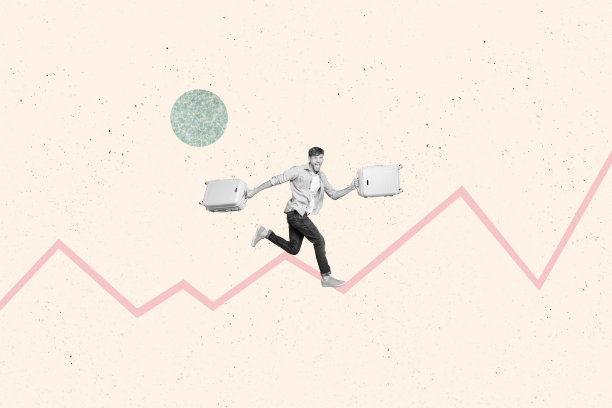 创意拼贴：年轻男子奔跑，手提行李箱，准备出发，票据预订，度假旅行，旅游插画背景图片下载