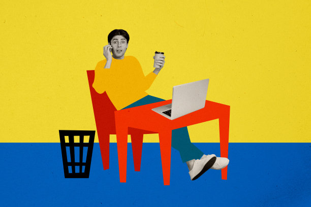 惊讶的商人操作员在办公室使用iPhone和笔记本电脑，背景为涂鸦风格的合成照片拼贴。图片下载