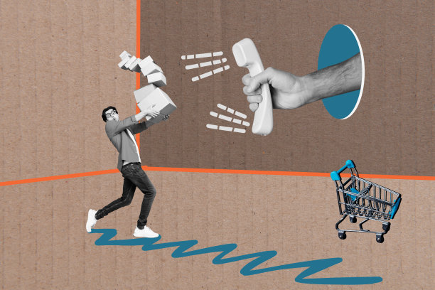 惊讶的男士手持电话听筒，抱着一个掉落的订单盒子，背景为涂鸦风格的画面，形成了一幅拼贴照片。图片下载