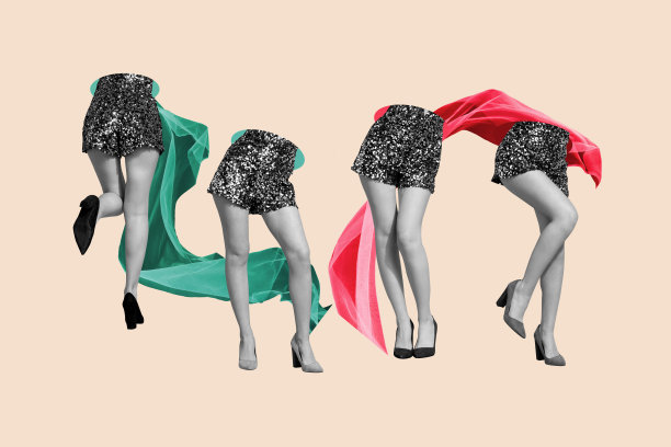 女性性感光滑的腿部穿着高跟鞋，闪亮的连衣裙，适合周末迪斯科场合的拼贴照片，背景为涂鸦风格。图片下载