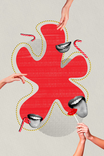 女性嘴唇夹着圣诞糖果棒棒糖的竖版照片拼贴，背景为涂鸦风格。图片下载