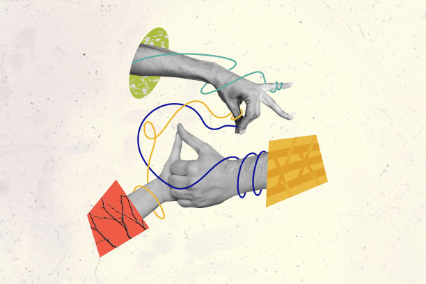 手握拇指的爱心手势，战斗与合作的拼贴照片，另一只手在涂鸦背景上撒花。图片下载