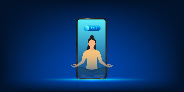 智能手机显示一位年轻女性安静冥想的图片，屏幕上有一个关机按钮，象征着需要关闭社交媒体以获得内心的平静和放松。图片下载