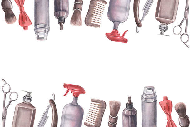 理发师框架、剪刀、剃刀、梳子、剃须刷、喷雾瓶、蝴蝶结、油滴器、泡沫瓶。手绘水彩理发工具，独立于白色背景，适用于理发店品牌和男性设计。图片下载