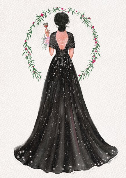 手持酒杯的新娘时尚插图。晚礼服，黑色裙子，背面视角。花环环绕着人物。露肩设计。这个设计体现了优雅，非常适合婚礼或正式场合。图片下载