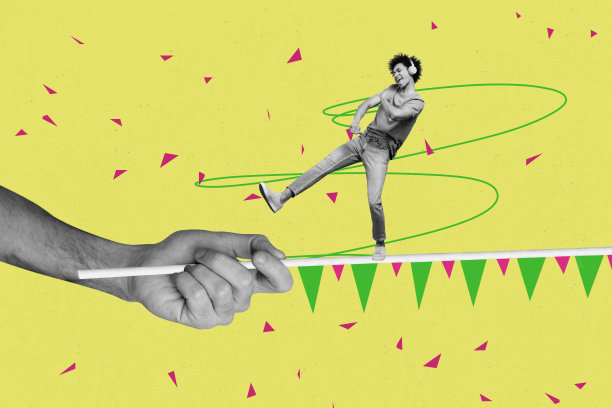 快乐的美国男孩在彩色背景下戴着耳机跳舞，周围是节日的彩带和五彩纸屑的拼贴照片。图片下载