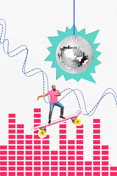 快乐的美国男孩在舞会球场上跳舞，穿着滑板，放松享受乐趣，背景为涂鸦风格的画面，呈现出竖版照片拼贴效果。图片下载