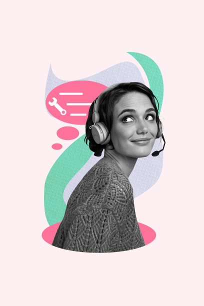 快乐女孩操作员的垂直照片拼贴，佩戴耳机和麦克风，呼叫中心电话营销概念，背景为涂鸦风格。图片下载