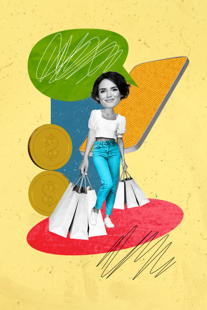 快乐女孩手持黑色星期五购物零售大屏幕通知气泡硬币的竖版照片拼贴，背景为涂鸦风格。图片下载