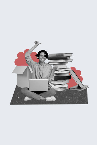 快乐的自由职业女孩坐在笔记本电脑前，指向书堆，展示教育和订单的垂直照片拼贴，背景为涂鸦风格。图片下载
