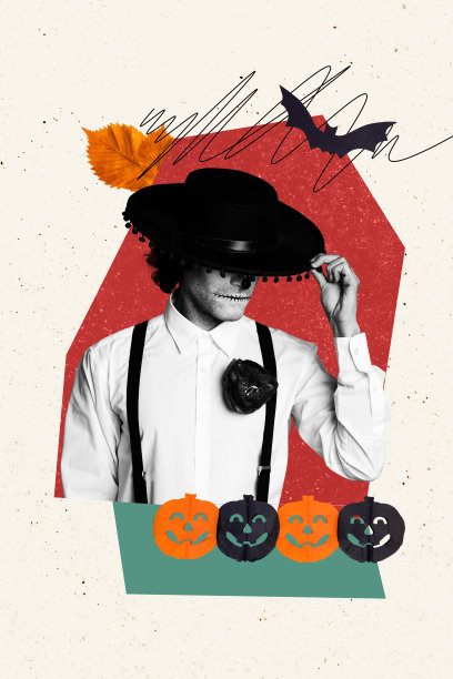 垂直照片拼贴，死去的骑士手持草帽、南瓜、画有蝙蝠的万圣节庆祝图案，背景为涂鸦风格。图片下载