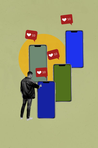 快乐的美国男士在涂鸦背景前竖直照片拼贴，指着手机屏幕，博客文本框通知气泡图片下载