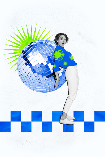 舞动的复古派对夜总会年轻女士手持巨大的迪斯科球的合成趋势艺术作品草图照片拼贴，惊讶的表情图片下载
