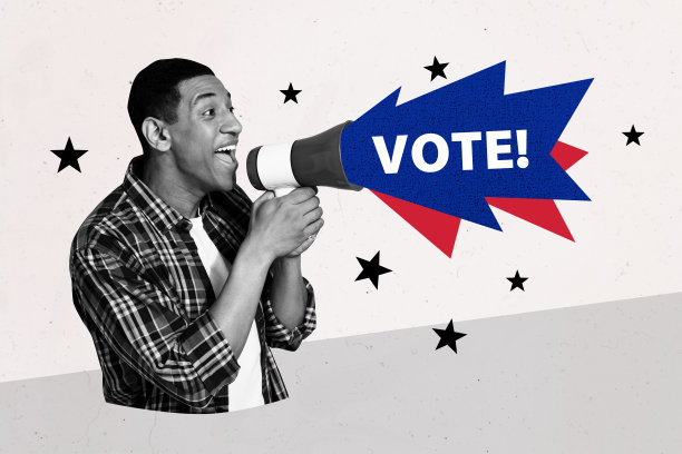 快乐的美国男子手持扩音器，激动地宣传选举信息，背景为涂鸦风格的画面拼贴照片。图片下载