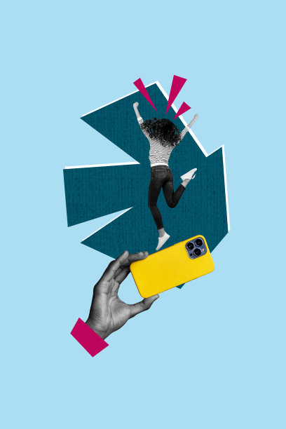 垂直照片拼贴，匿名女孩跳跃，手持现代手机设备拍摄视频，背景为涂鸦风格。图片下载