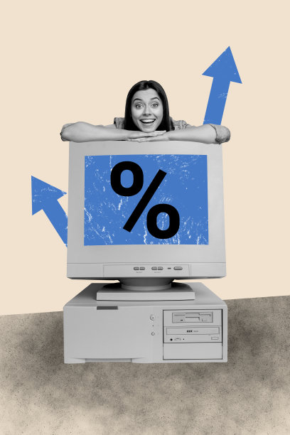 快乐女商人从电脑显示器后面窥视，展示收入成功发展的垂直照片拼贴，背景为涂鸦风格。图片下载