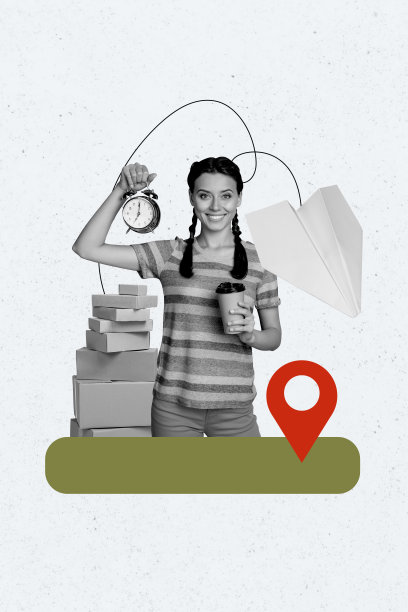 快乐的女孩邮递员手持咖啡杯和纸质计划，快速送达的垂直照片拼贴，背景为涂鸦风格。图片下载