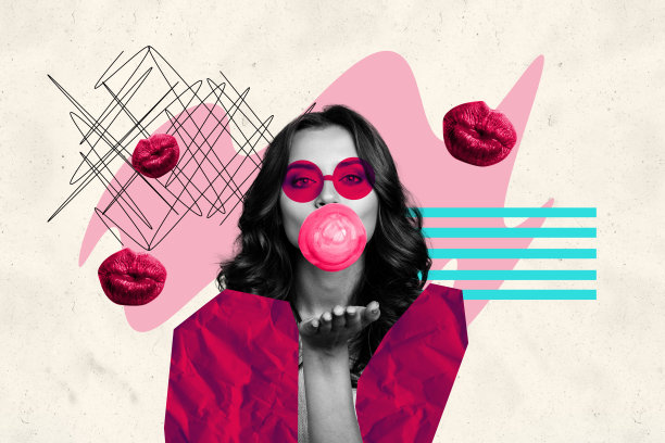 快乐女孩吹着粉色口香糖，送出空气吻，涂抹着唇膏，撅着嘴唇，魅力四射，背景为涂鸦风格的合成照片拼贴。图片下载