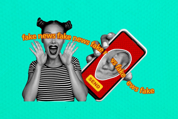 震惊女孩的合成照片拼贴，尖叫着假新闻宣传，耳机、屏幕、手和虚假信息，孤立在涂鸦背景上。图片下载