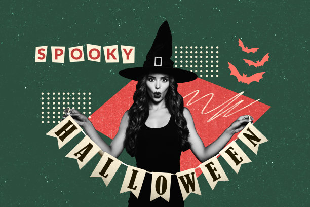 惊讶的女巫女孩手持万圣节花环，庆祝活动中有可怕的蝙蝠，背景为涂鸦风格的画面拼贴照片。图片下载